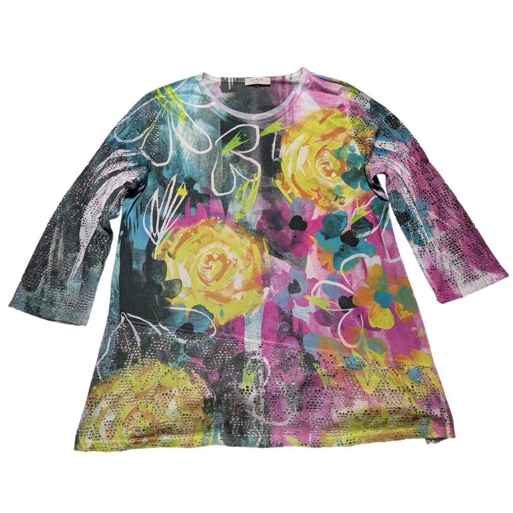Jess & Jane Womens XL Floral Burnout Tunic 3/4 Sleeve Multi Color Made in USA